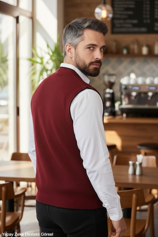Kamalı Bordo Erkek V Yaka Triko Düğmeli Cepli Çizgi Desenli Regular Fit Tüylenmeyen Örgü Yelek Bordo