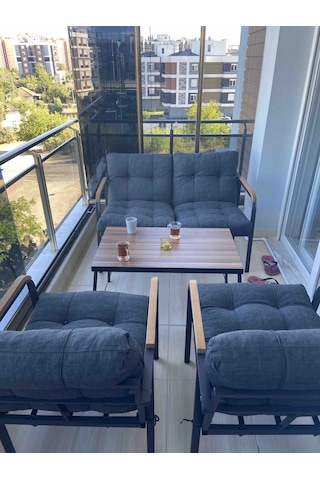 Modern Jüpiter Balkon, Bahçe, Cafe - Salon - Metal Kanepe Koltuk Takımı - 2+1+1 + Sehpa Antrasit Modernsh57 Antrasit