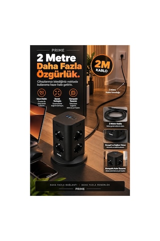 Robeve Fulltech Prıme 8 Li Akım Korumalı Kule Priz 3680w - Pd 20w, 1050j Koruma, 2 Usb-c + 2 Usb-a, 4 Bağımsız Güç Anahtarı, 2 Metre Kablolu Dikey Çoklu Priz Grup Priz Kule Tipi Grup Priz 2 M