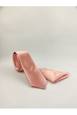 Demfashion Saten Parlak Slim Kravat Mendil Seti Somon