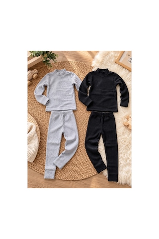 Uğur Bebe 2 Adet Siyah Ve Gri Renk Unisex Çocuk %100 Pamuk Fitilli Taytlı Takım Yarım Balıkçı Yaka, Esnek, Şık, Rahat, Kışlık Kombin Siyah Gri Siyah Gri