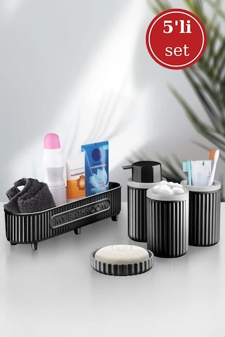 Flora 5 Parça Banyo Seti Çok Amaçlı Sepet, Sıvı Sabunluk, Katı Sabunluk, Diş Fırçalık, Pamukluk Siyah