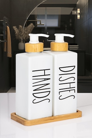 2'li Bambu Altlıklı Bambu Pompalı Kare Cam Sabunluk Deterjanlık 350 Ml Beyaz