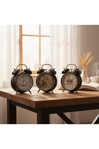 Twin Bell Alarm Clock Bgc-45 Yuvarlak Masa Çalar Saat - Metal Eskitme Desenli Kasa, Pilli Ve Işıklı, 10 Cm
