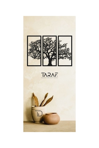 3 Parça Ağaç Tablo Lazer Kesim Dekoratif Tablo 42x62 Siyah Beyaz