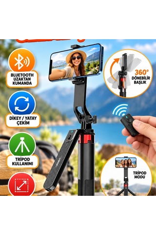 Uzaktan Kumandalı Tripod Selfie Çubuğu Dikey Yatay Çekim Ve Canlı Yayın Uyumlu
