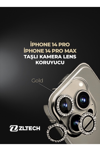 İphone 14pro/14promax Uyumlu Taşlı Kamera Lens Koruyucu Gold