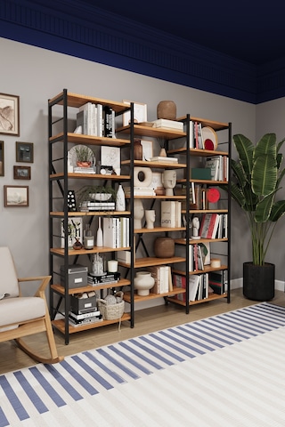 Asra Trend 6 Raflı Metal Kitaplık METALK03 %100 MDF Üç Modüllü Geniş Kütüphane Petra