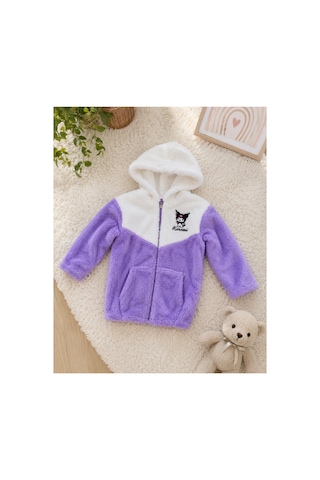 Uğur Bebe Kız Çocuk Peluş Hırka Kapüşonlu Cepli Yumuşacık Kışlık Lila Krem Renk Hırka Kuromi Lila Krem Lila Krem
