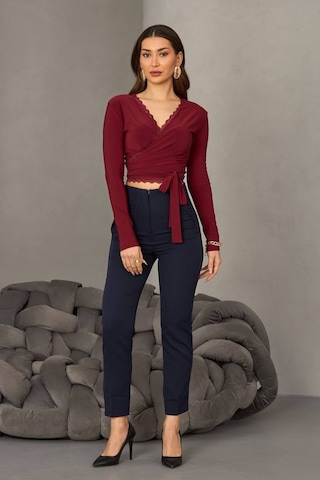 Kadın Dantel Detaylı Kruvaze Bağlamalı Crop Bluz Bordo
