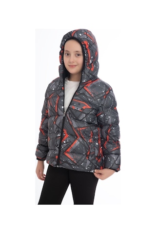 Kız Çocuk Siyah Geometrik Desen İçi Polar Su Ve Rüzgar Geçirmez Kapüşonlu Cepli Şişme Kışlık Mont Siyah