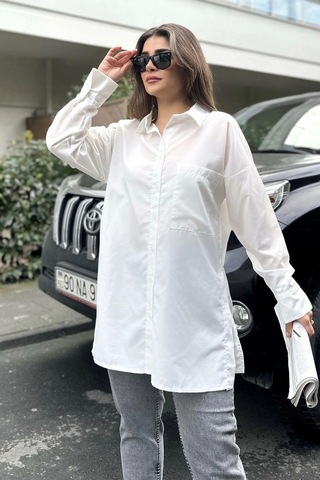 WeShaya Kadın Ekru Terikoton Kumaş, Yırtmaçlı, Rahat Uzun Gömlek Beyaz