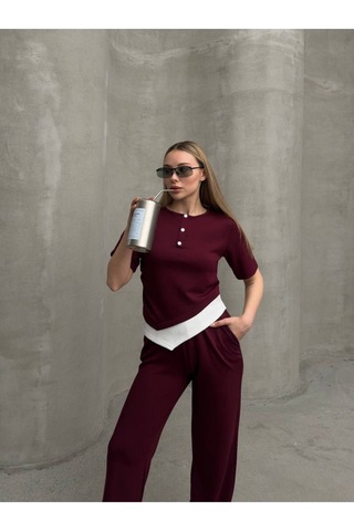 Kadın Modal Kumaş Düğme Detaylı Alt - Üst Takım Bordo