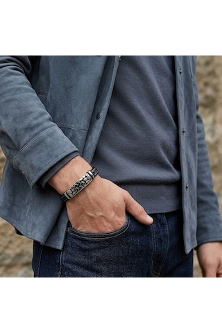 Premium River Stone Motifli Çelik Kilitli Siyah Deri Erkek Bileklik. 31831b8d4 - 20 Cm