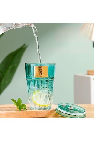 Pipetli Cam Bardak Beyaz - Mavi