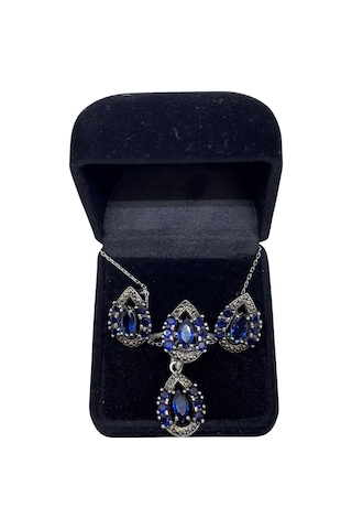 Oya Silver Lacivert Işıltılı Gümüş Damla Markazit Set&takım