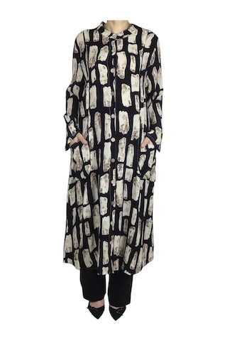 Kadın Önden Düğmeli Cepli Uzun Tunik Gömlek Siyah