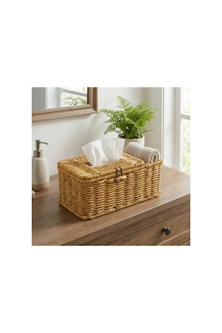 Kapaklı Doğal Rattan Görünümlü Hasır Organizer Sepet, 24x10x10 Cm Açık Ahşap