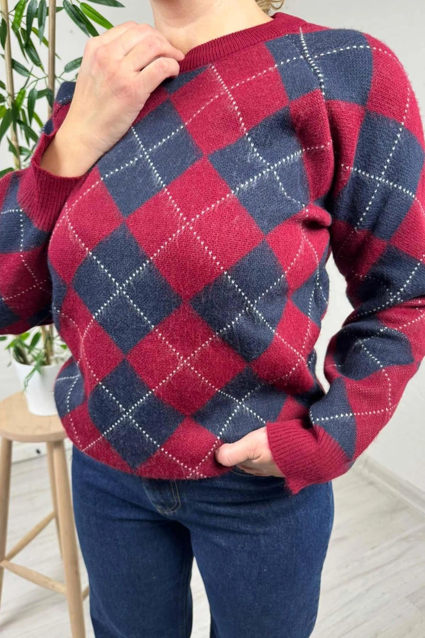 Explode - Kadın Bordo-lacivert Baklava Desenli Bisiklet Yaka Oversize Triko Kazak Bordo