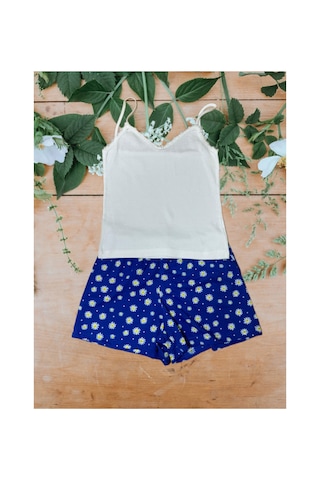 Pazarız Pembecin Şortlu Pijama Takımı Babydol İp Askılı Yazlık Pamuklu Kolsuz Beyaz Askılı Mavi Çiçekli Mavi