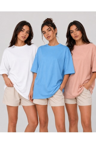 Polymood 3'lü Set Oversize %100 Organik Pamuk Yuvarlak Yakalı Bol Kesim T-shirt Beyaz-mavi-pudra