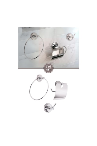 Vidalı Lavabo Banyo Wc Bez Havlu, Çatal Askı Ve Tuvalet Kağıtlık 3'lü Set Krom Metal Metal