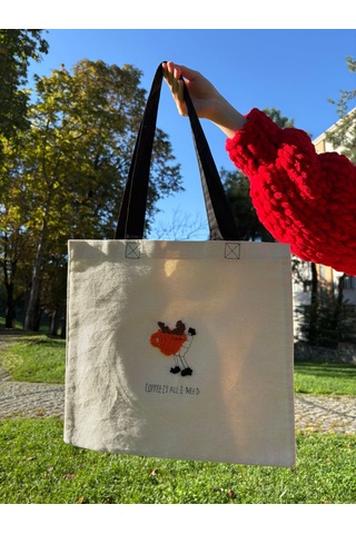 Bolergıashop Coffee Tasarım Canvas Omuz Çantası Bej Punch İşleme