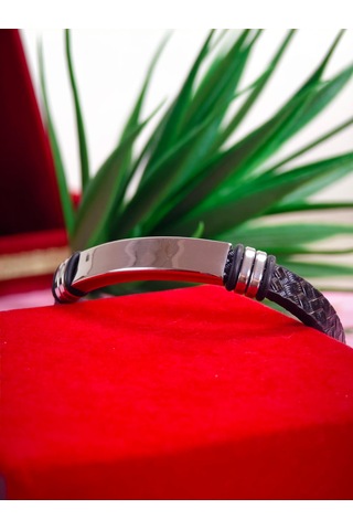 Çelik Derili Bileklik Kişiye Özel İsimli Paslanmaz Derili Çelik İsimli Bileklik 316 L Çelik Altın - Siyah