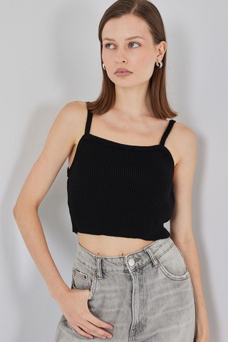 Hiccup Bdart Kare Yaka Ribana Örgü Crop Top Siyah