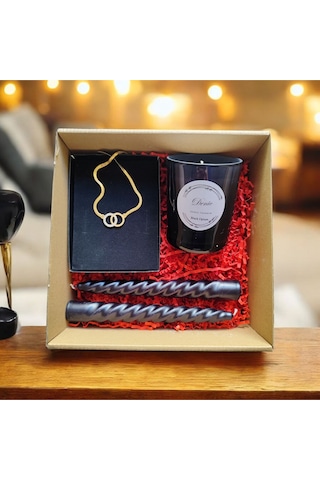 Denic Hediye Seti Kokulu Siyah Bardak Mum Halka Kolye Burgulu Mum