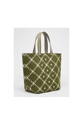 Qoolest Kadın Geometrik Desenli Büyük Boy Shopper Omuz Çantası Çizgili Saplı Tote Çanta Yeşil