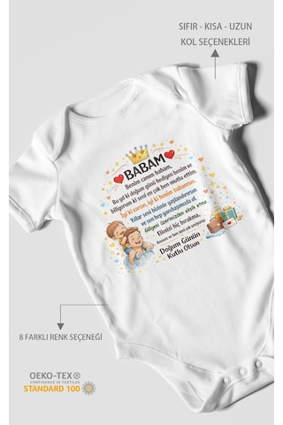 Morivokids Babam Doğum Günün Kutlu Olsun Kısa Kollu Bebek Body %100 Pamuk Beyaz