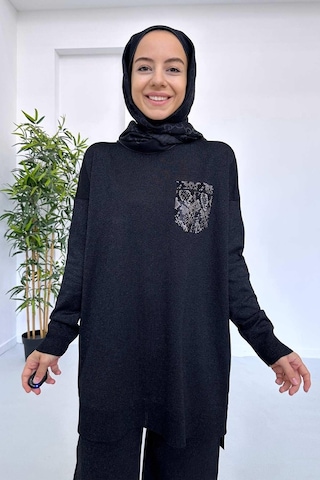 Kahijab Taşlı Cep Merserize Takım - Siyah