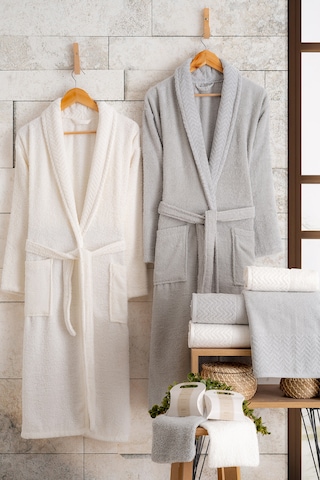 Oznhome Krem-gri Çift Kişilik 6 Parça Bornoz Seti Gri-krem