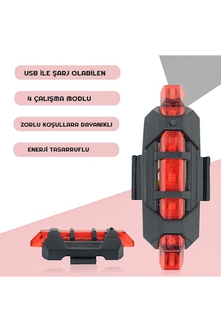 Yeni USB Şarjlı 4 Mod Bisiklet Arka Stop Lambası İkaz Uyarı Işığı Kırmızı - Siyah