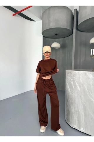 Moderie Butik Osy Modal Yumuşak Dokulu Kumaş Kısa Kollu Bluz Rahat Pantalon Ikili Takım- Kahverengi Kahverengi