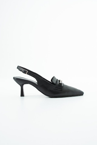 Dericia Shoes Infinity Hakiki Deri Kadın İnce Topuklu Arka Açık Ayakkabı Siyah