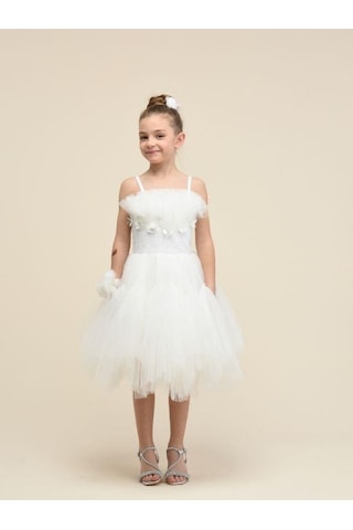 Zekids Kız Çocuk Pul İşlemeli Çiçek Detayli Kısa Tasarım Abiye-13854 Krem