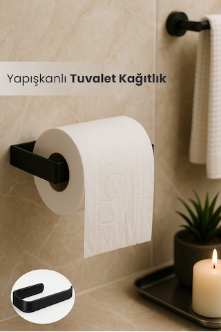 Yapışkanlı Lüks Tasarım Lamalı Tuvalet Kağıtlığı - Modern Banyo Kağıt Havluluk - Delmeden Montaj Siyah