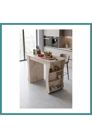 Trendexa Mutfak Masası Mutfak Adası Ada Masa Bar Masası Kahvaltı Masası Raflı Çok Amaçlı Dolap Modern Masa 120x60 Cm 9835 Traverten Mac
