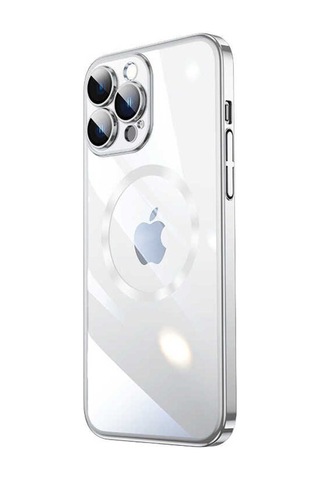 Apple Uyumlu iPhone 14 Plus Kılıf Wireless Şarj Özellikli Sert Pc Zore Riksos M-safe Kapak Gümüş