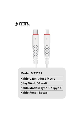 60w Pd Type-c To Type-c Hızlı Şarj Ve Data Kablosu 2 Metre Mt2211