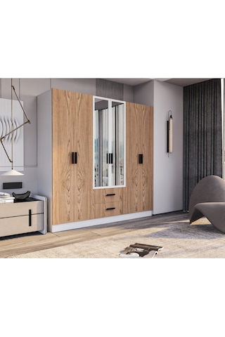 Valeria 6 Kapılı 2 Çekmeceli Gardrop Geniş Dolap & Aynalı Elbise Dolabı Atlantik Çam & Beyaz Atlantik Çam - Beyaz