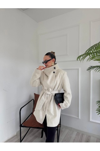 Keymoda Kadın Bej Kuşaklı Kısa Kaşe Kaban Taş Rengi