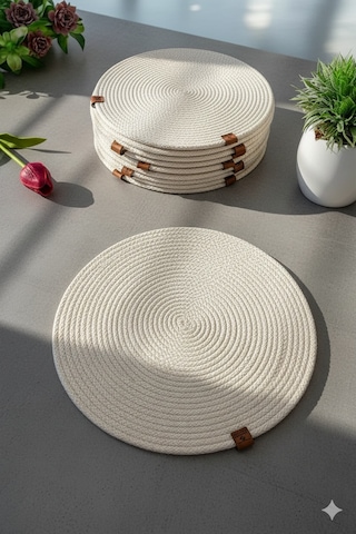 Amerikan Servis Runner 6 Lı Sunum Supla Çeyiz Takımı Örgü Tabak Altı Yanmaz Krem