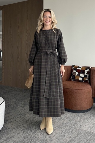 Haki Ekoseli Kuşaklı Uzun Elbise - 1235 Haki