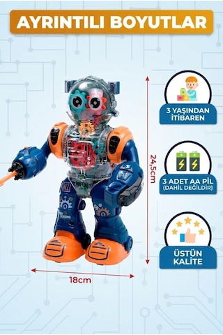 Şeffaf Dişli Mekanizmalı, Işıklı, Sesli, Hareketli Ve Ok Atan Eğitici Robot Oyuncak - 24.5 Cm