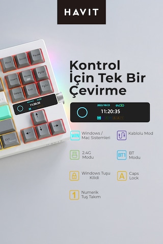 Havit Gamenote Kb909l Hot-swap Gaming Mekanik Klavye - Tft Ekran, 3 Mod Bt,2.4g,kablolu ,light Blue Switch