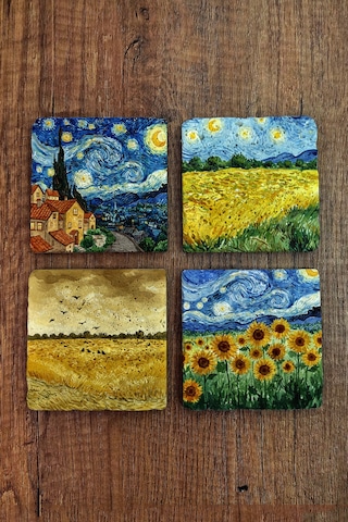 Doğal Taş Bardak Altlığı - Van Gogh Aı Eserleri Baskılı 10x10cm Yapay Zeka Stone Coasters 479 Çok Renkli