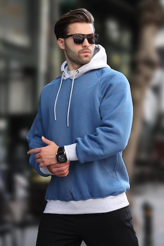 Madmext İndigo Renk Bloklu Kapüşonlu Sweatshirt 7073 Mavi